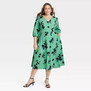 Ava & Viv Green A-Line Midi Dress with Bishop Sleeves